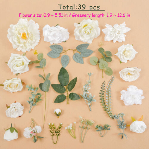 39PCS White Mix Flower Green Leaf Grab Bag DIY Wreath Bouquets Decor Fake Flower - Picture 2 of 11