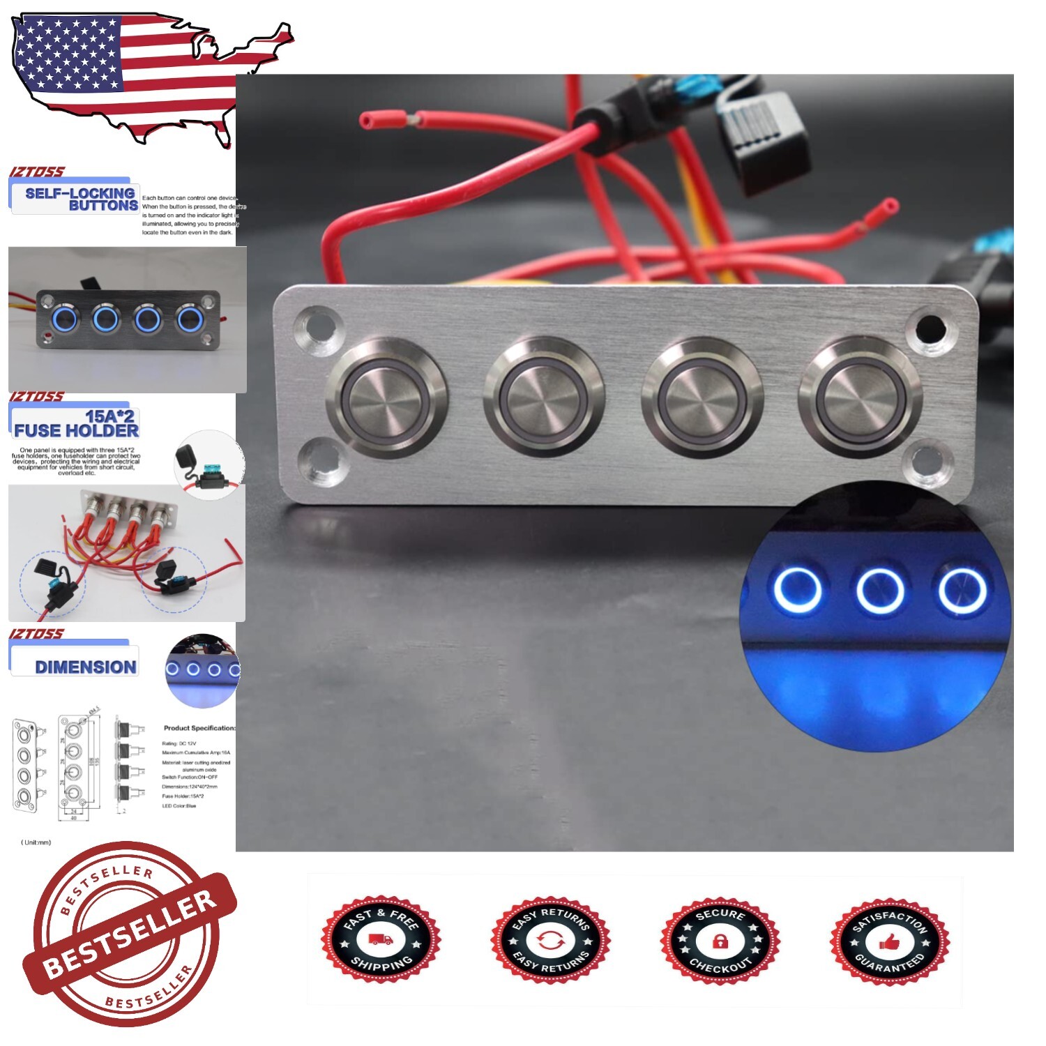 IP65 Waterproof 4 Gang Switch Panel - Manual Control with LED and Fuse Holders
