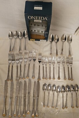 **Rare* Oneida Stainless Steel w/ Gold Accent Golden Virtue 40 Pc Service For 8