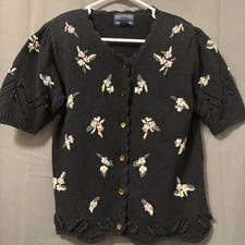 Vintage Herman Geist  Black Cardigan Embroidered Floral Linen Cottagecore Size M