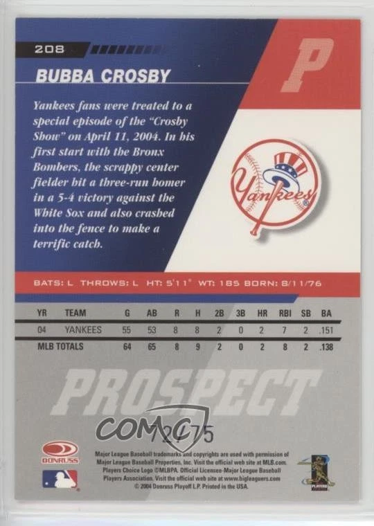 2005 Leaf Prospect Blue Press Proof /75 Bubba Crosby #208 - Image 2 of 2