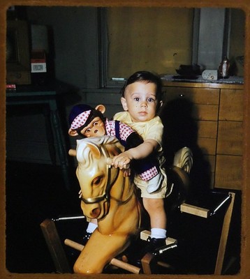 Kid on Rocking Wonder Horse & plush monkey - Stereo Realist 1950s slide #2655