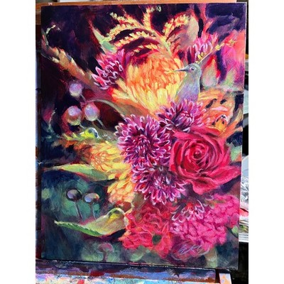 Original Floral Hummingbird Painting bouquet flowers Art ladybugs USA Artettina