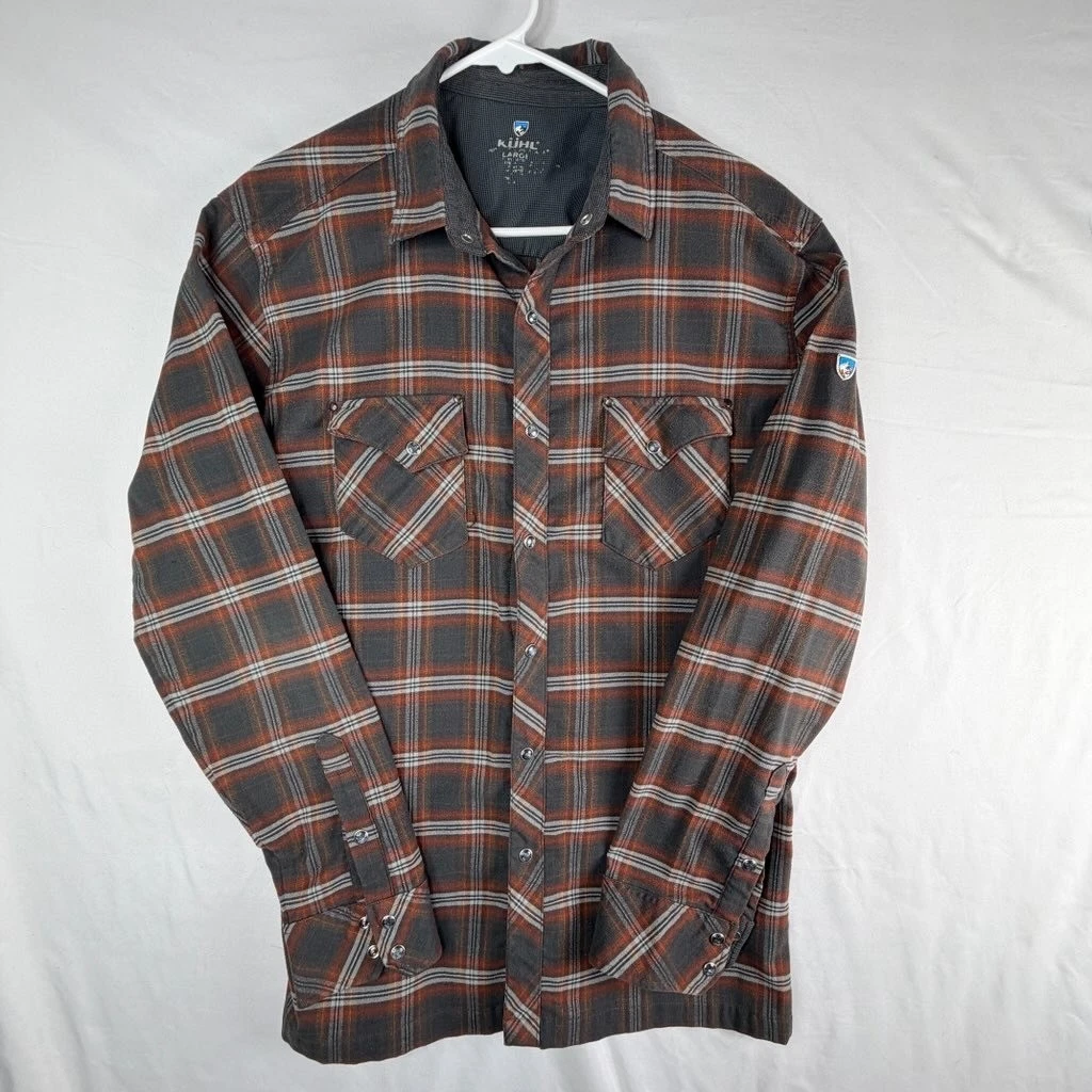 Kuhl Mens Large Plaid Flannel Snap Front Shirt Gray Orange Long Sleeve Outdoor
