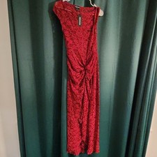 PRETTYLITTLETHING Red Lace Ruched Long Sheath Dress Boat Neck US 6