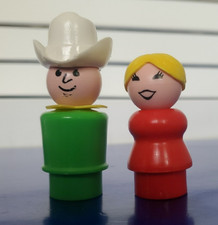 vtg Fisher Price Little People Cowboy Farmer Wife Lot 2 915 Farm Green Red