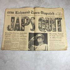 Richmond Times-Dispatch Wed August 15, 1945 Newspaper &ldquo;Japs Quit&rdquo; WWII MacArthur