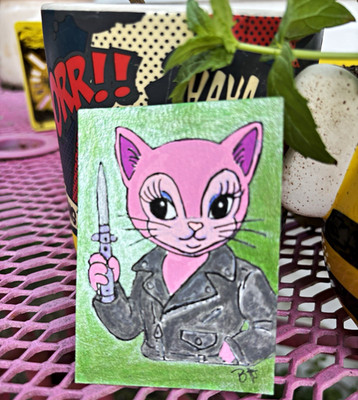 Aceo Mixed Media Art Card  Cartoon Cat Illustration punk biker pink