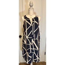 Navy Blue Cream Geometric Linear Print Sleeveless V-Back Shift Dress XS