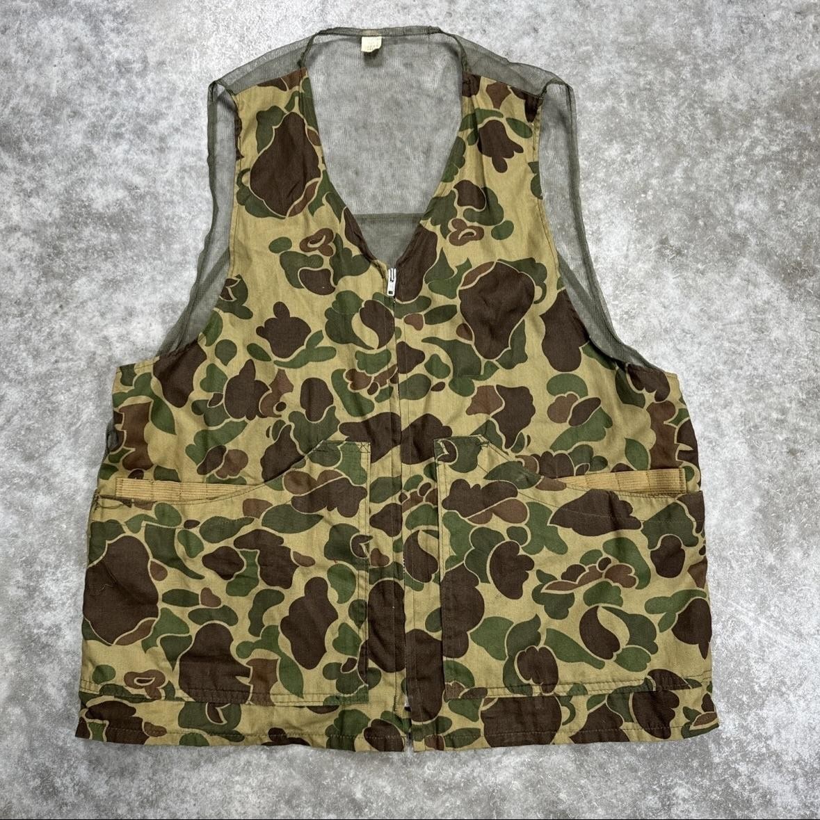 Vintage Duck Hunter Camo Vest Mens Small Green Brown Mesh Game Hunting Zip Front