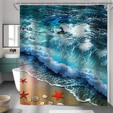 Dolphin-Wave Shower Curtain, Ocean Surf Seashell Decor, Waterproof new
