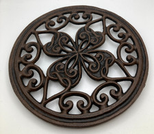 Cast Iron Trivet Hot Plate Round Clover Scroll Work Bronze Color