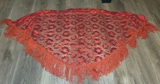 Vintage Red Scalloped Mantilla Fringe Shawl Floral Lace