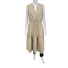 Lands End Womens Dress Medium Size Tan Sleeveless Tiered Midi Dress Pockets