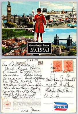Vintage London Multi-View Postcard Beefeater Big Ben Tower Bridge 1980 Posted