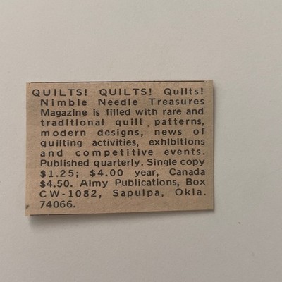 Almy Publications Quilts Nimble Needle Treasures Magazine OK 1974 Ad SAI3-S18