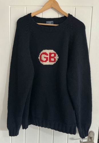 Hackett, Maglione Hackett London vintage lana grossa maglia swather blu navy logo GB XL