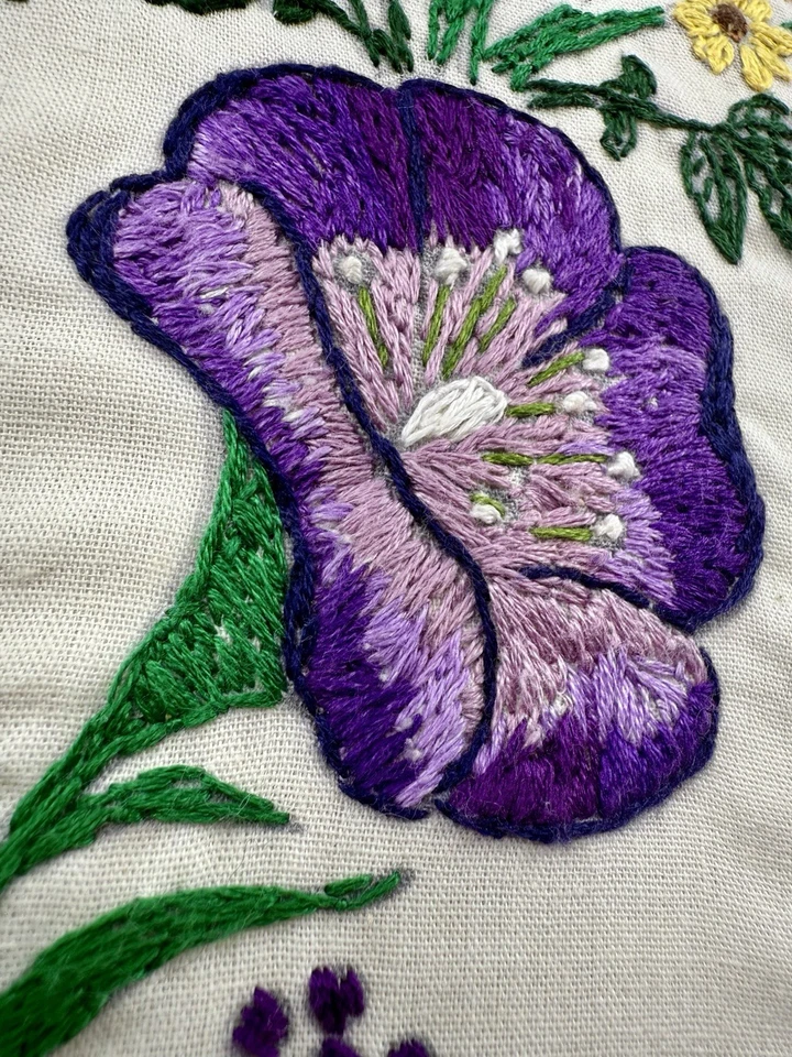Handmade Embroidered Floral Butterfly Throw Pillow 12x12 Purple Satin EUC - Image 3 of 4