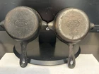 PAIR (2) VINTAGE WAGNER WARE 1050A & 1050C ? CAST IRON MINI 2 SPOUT PAN ASHTRAY