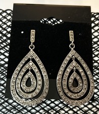 Sterling Silver 925 Teardrop Cubic Zirconia Statement Dangle Drop Earrings