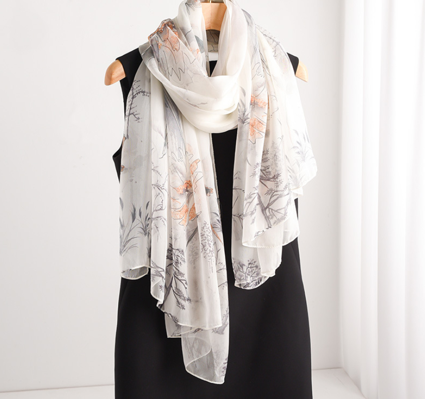 100% Silk Mulberry 178X110cm Bandanna Shawl Scarf wrap Grass Print  Neckerchief