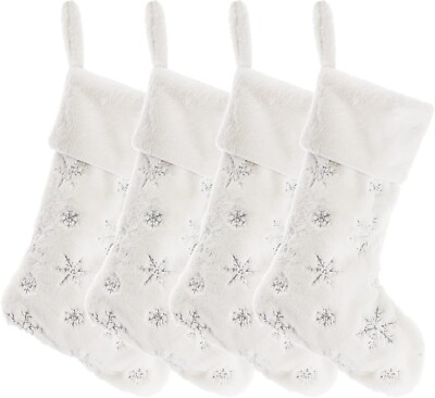 Meriwoods Faux Fur Christmas Stocking 4 pk Sequin Flakes Xmas Decor White NIP