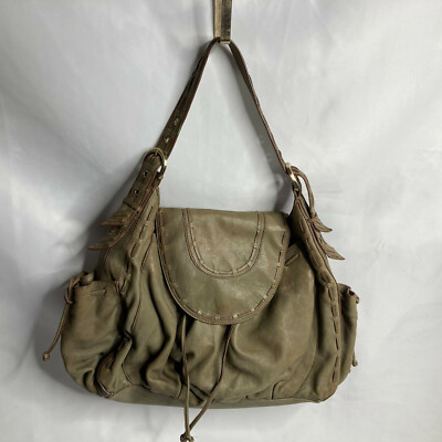 Junior Drake Lg Satchel Purse Olive Green Distressed Leather Multi Sections  Boho