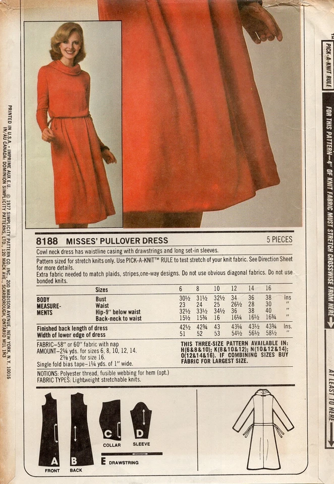 Simplicity 8188 Retro 70s Cowl Neck Dress w Drawstring Casing Waist Sz 6-10 UC - Image 2 of 4