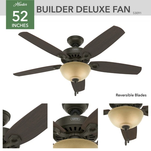 Hunter 52" Builder Deluxe Traditional Casual Ceiling Fan w/ Light and Pull Chain - Picture 21 of 30