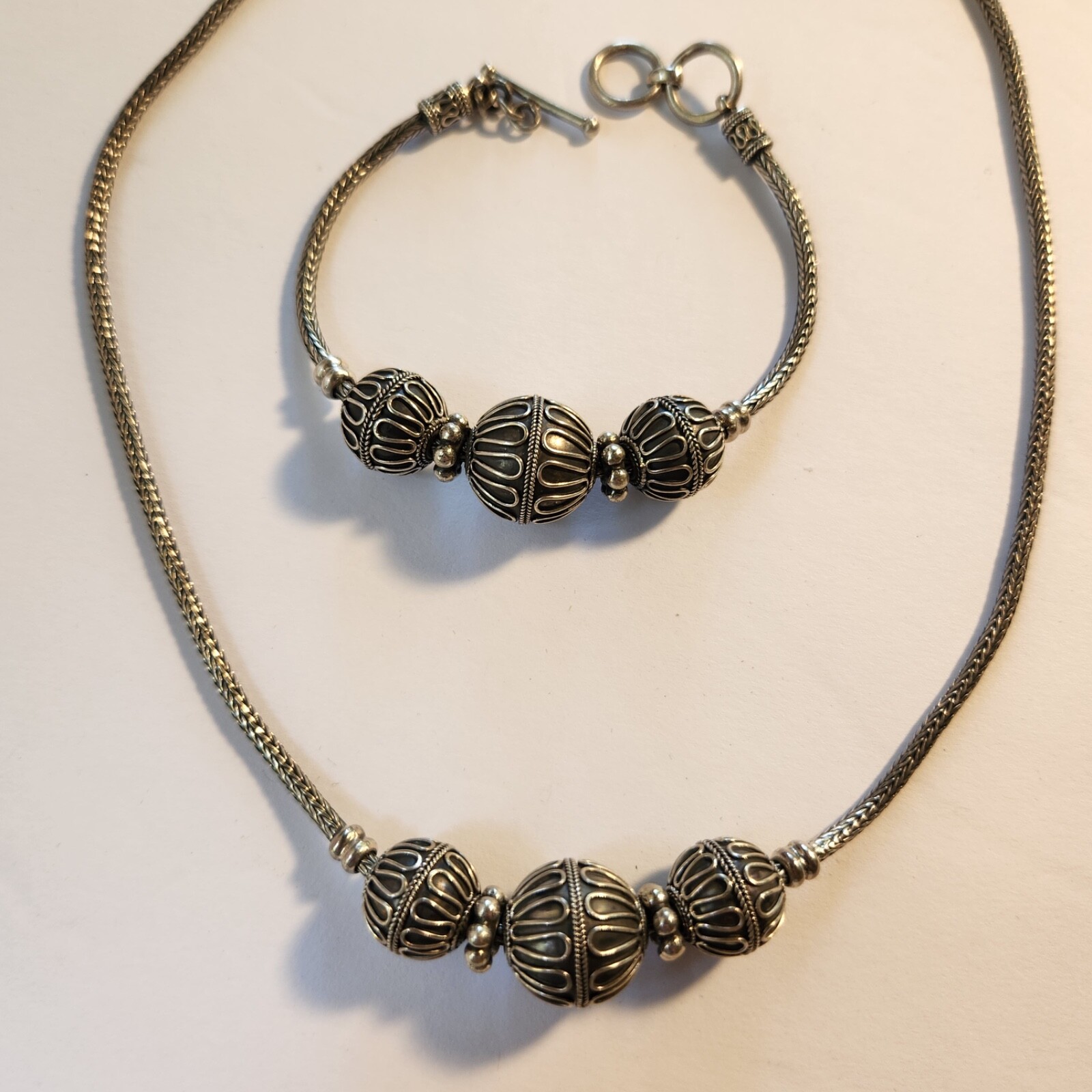 Vintage Sterling Silver Chunky Bali Style Bead Necklace & matching bracelet 60gr