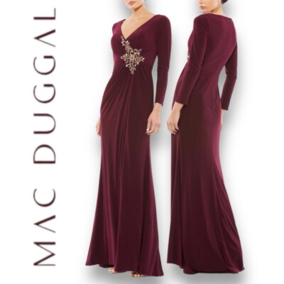MAC DUGGAL Women s Faux Wrap Long Sleeve With Appliqué Details In The Size 10
