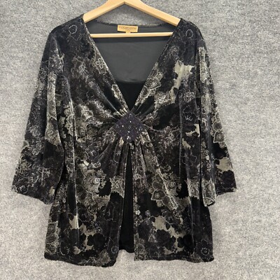Notations Blouse Women 1X Plus Black Floral V-Neck 3/4 Sleeve Pullover Casual