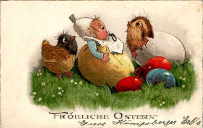 AK OSTERN KIND KINDER GESCHLÜPFT AUS EINEM EI COL. 1933