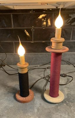 2 Vermont Bobbin Co. Thread Spool Table Lamp Industrial/Country Green/RED Thread