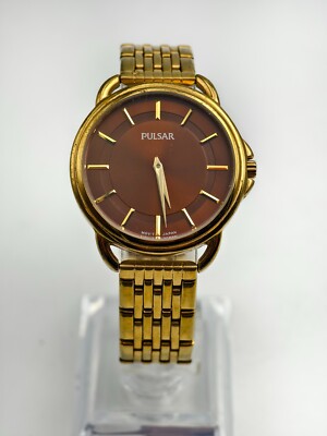 Vintage Pulsar Mens, Analog, Gold Tone Brown Dial Quartz Watch, Works Great!