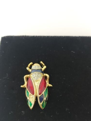 Cicada Beetle Rhinestone Enamel Brooch Pin Gold Tone Vintage Multicolor - Picture 3 of 7