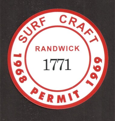 ''RANDWICK SURF CRAFT PERMIT'' Sticker / Decal RETRO 60's SURFING SURFBOARD Car