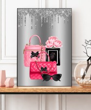 Perfume Glitter Fashion Print Silver Handbag Pink Wall Art Glam Flowers Bedroom
