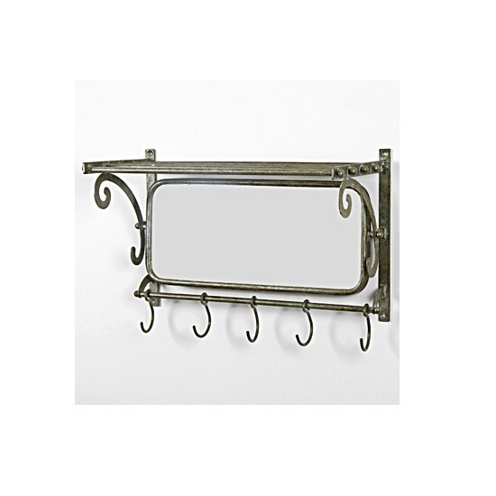 Industrial Style Grey Wall Mounted Shelf With Hooks and Mirror