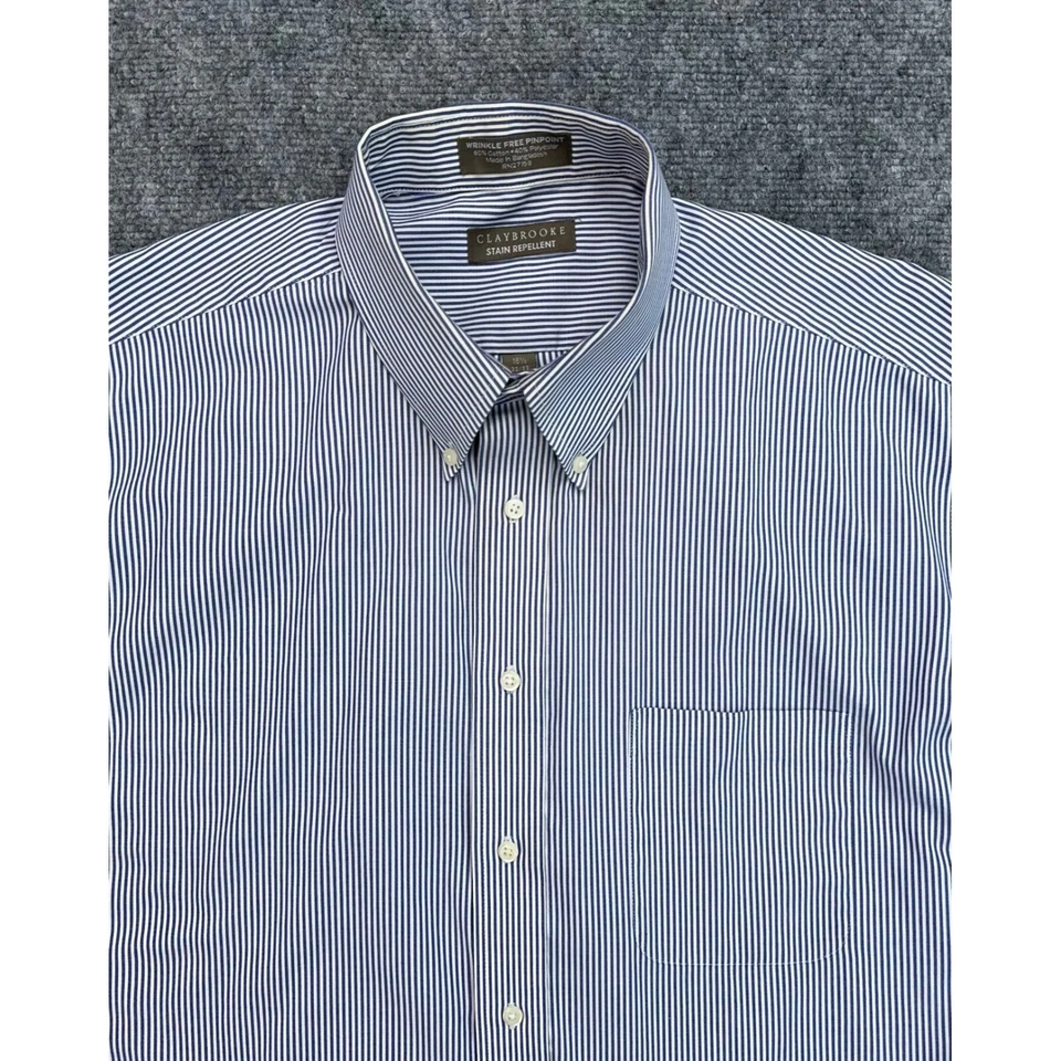 Camisa de vestir Claybrooke Pinpoint para hombre 16 1/2 azul blanco a rayas sin arrugas Foto 2 de 4