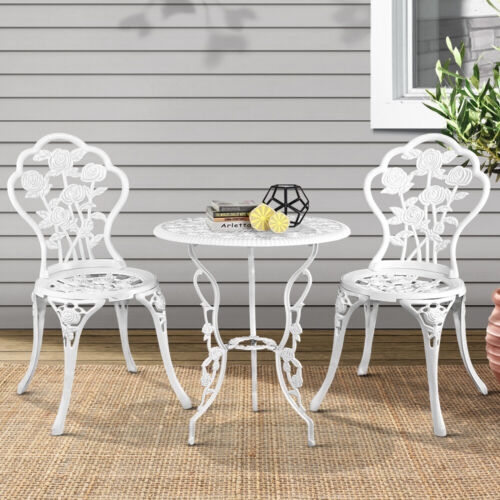 Outdoor Bistro Table and Chairs Set Furniture Aluminium Cast Iron White 3 pc - Picture 1 of 12