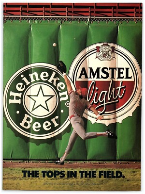 1992 Amstel Heineken Print Ad, Running Catch Baseball Tops In Field Light Beer