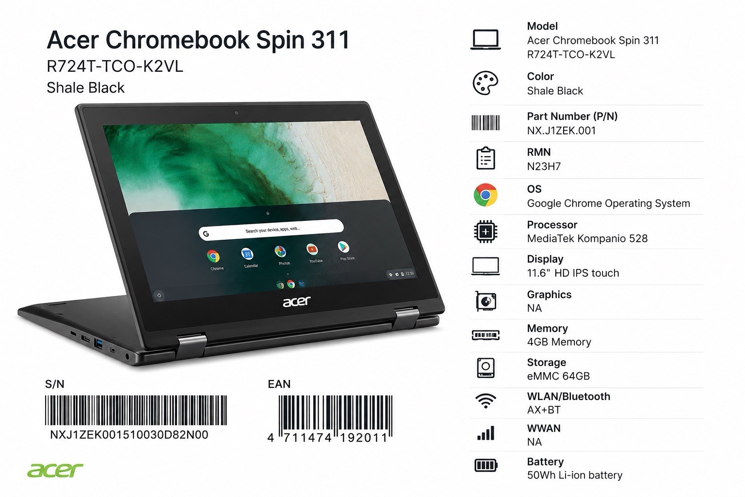 Acer Chromebook Laptop 11.6 Inch Spin 311  MediaTek 4GB RAM 64GB eMMC FREE POST