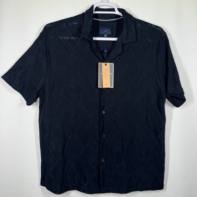 Marc Asher NYC Mens Large Collared Textured Black Short Sleeve Button Up New
