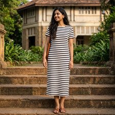 J. Crew Short Sleeve Ivory & Black Striped T-Shirt Midi Dress - Size S 