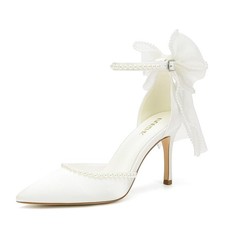 Wedding Shoes for Bride High Heel Bridal Pointed Toe Pearl Heels Bow...