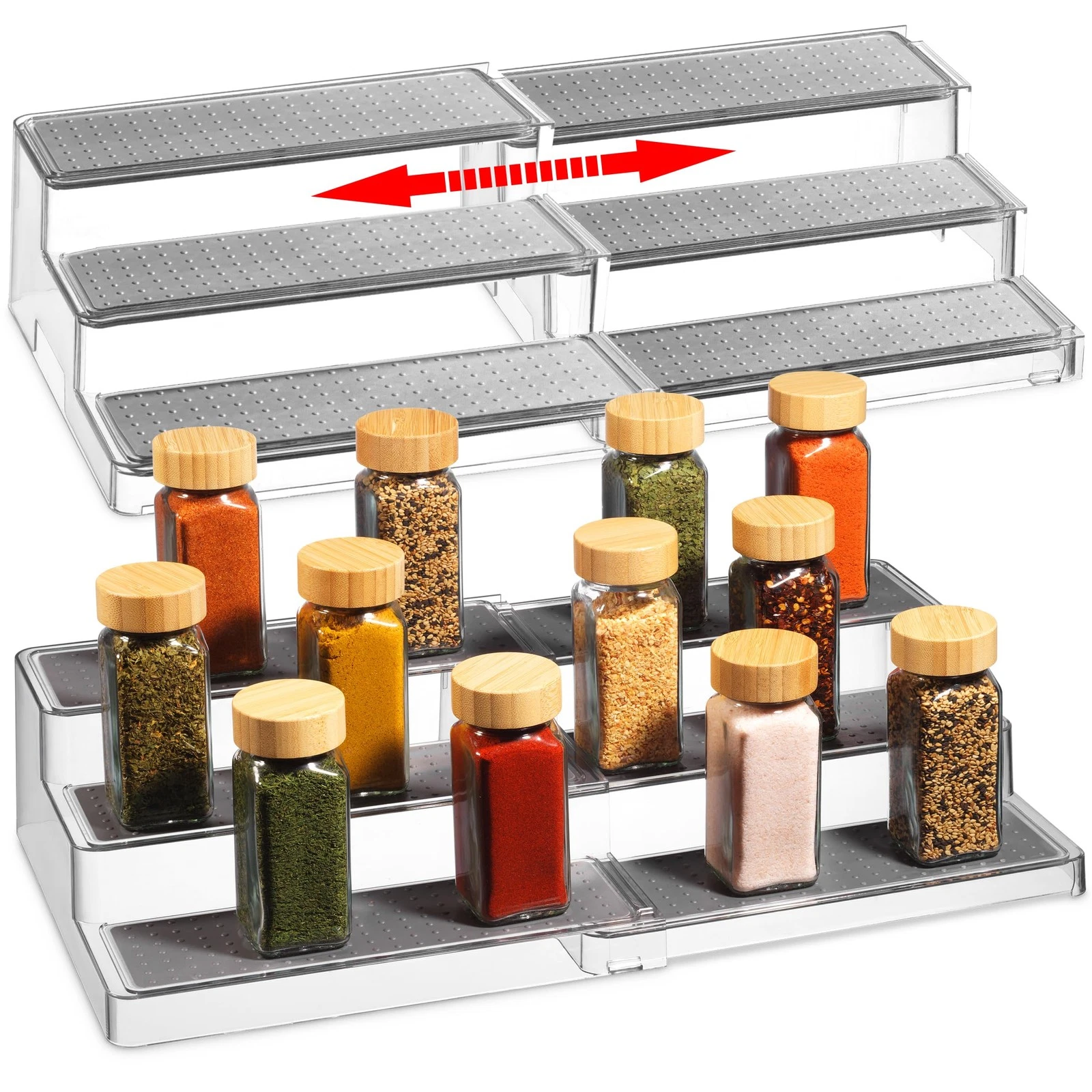 Expandable Spice Rack Organizer for Cabinet (2 Pack), 3-Tier Clear Tiered She...