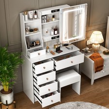 Small Vanity Desk Makeup Dressing Table With Sliding Mirror And Stool 6 Drawers.
