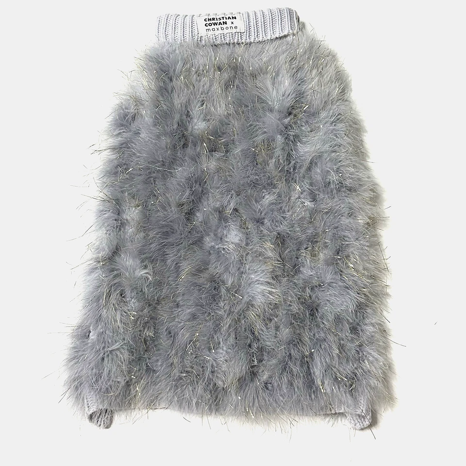 Suéter Christian Cowan Holiday Glitz Periwinkle Jumper Cachorro XL Enfeite de Penas - Imagem 2 de 4