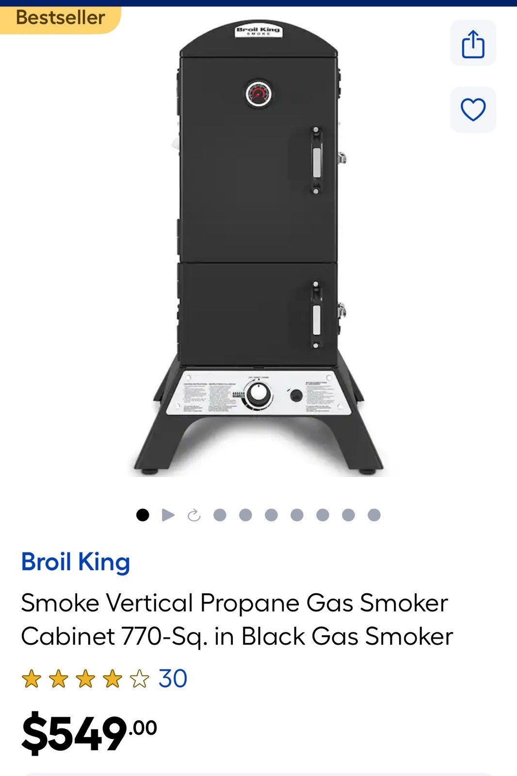 Broil King Smoke Vertical Propane Smoker, 770 Sq. In, 15000 BTU, 4 Racks, Black